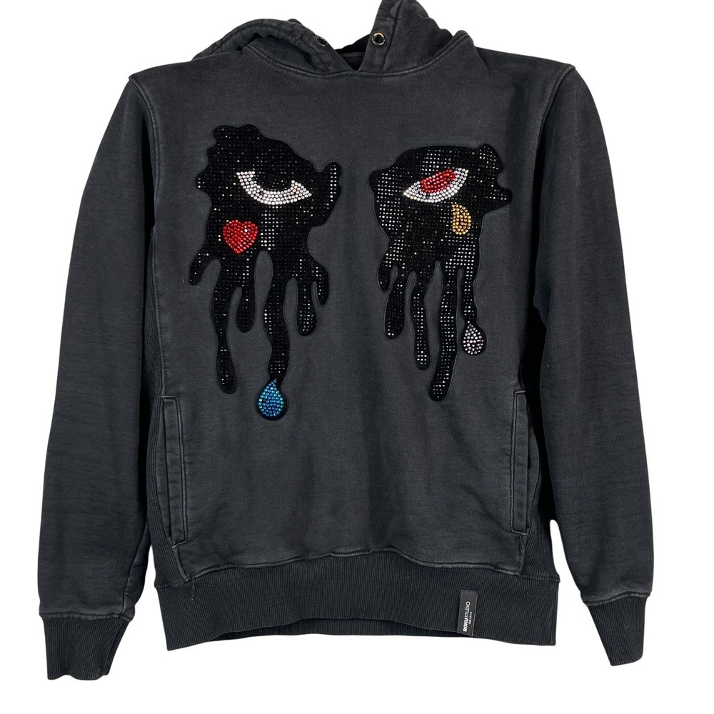 Roku Studio Mens S Dripping Eyes Rhinestone Hoodie Black Streetwear Pullover